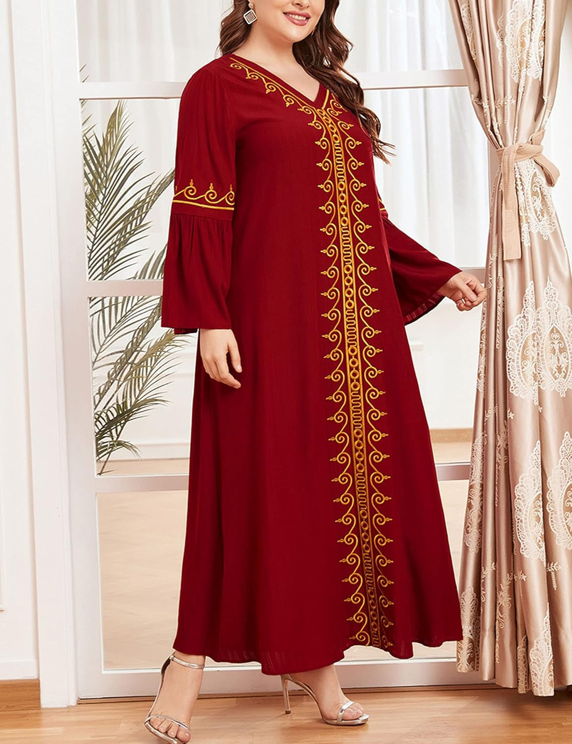 Aomesinc Plus Size Embroidered Muslim Maxi Dress – Retro Elegance in Burgundy Red